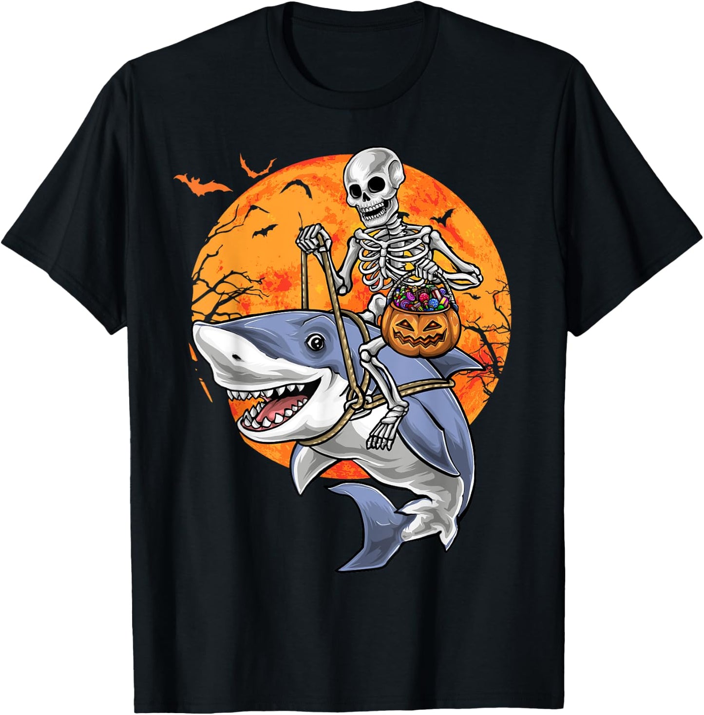 Halloween Skeleton Shark Kids Boys Girls T-Shirt - T-Shirt | Black