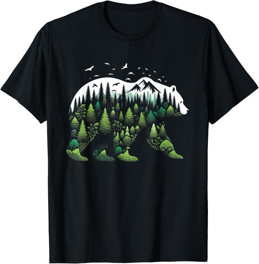 Surreal Bear Nature Outdoor Mountains Forest Trees Wildlife T-Shirt - T-Shirt | Black