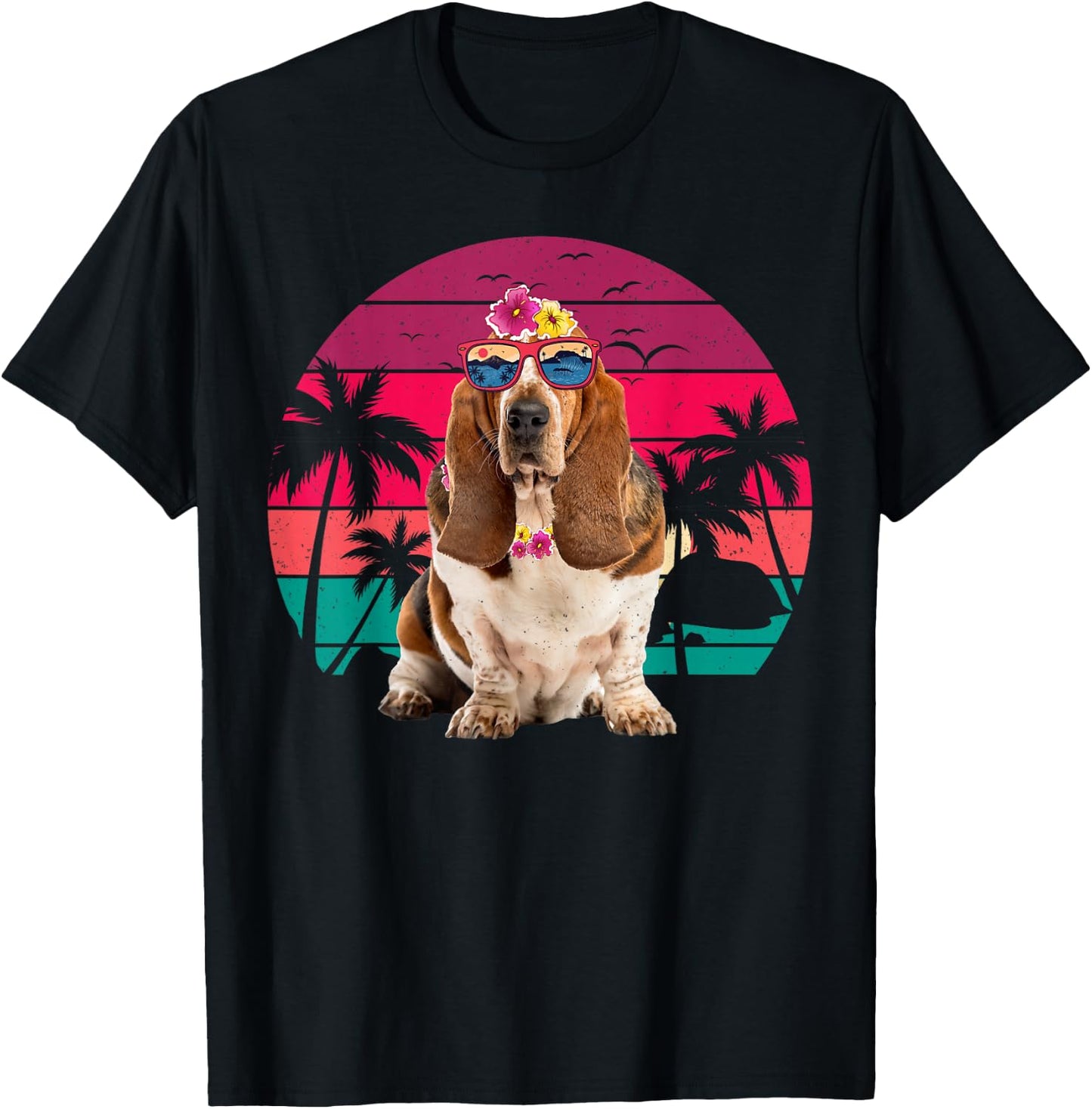 Retro Hawaiian Basset Hound Dog Tropical Floral Summer Vibes Women Kids T-Shirt - T-Shirt | Black
