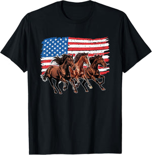 Patriotic Horses 4th Of July American Flag Patriotic Horse Women Kids Men T-Shirt - T-Shirt | Black