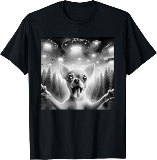 Chihuahua Selfie UFO alien surprised Chihuahua T-Shirt - T-Shirt | Black