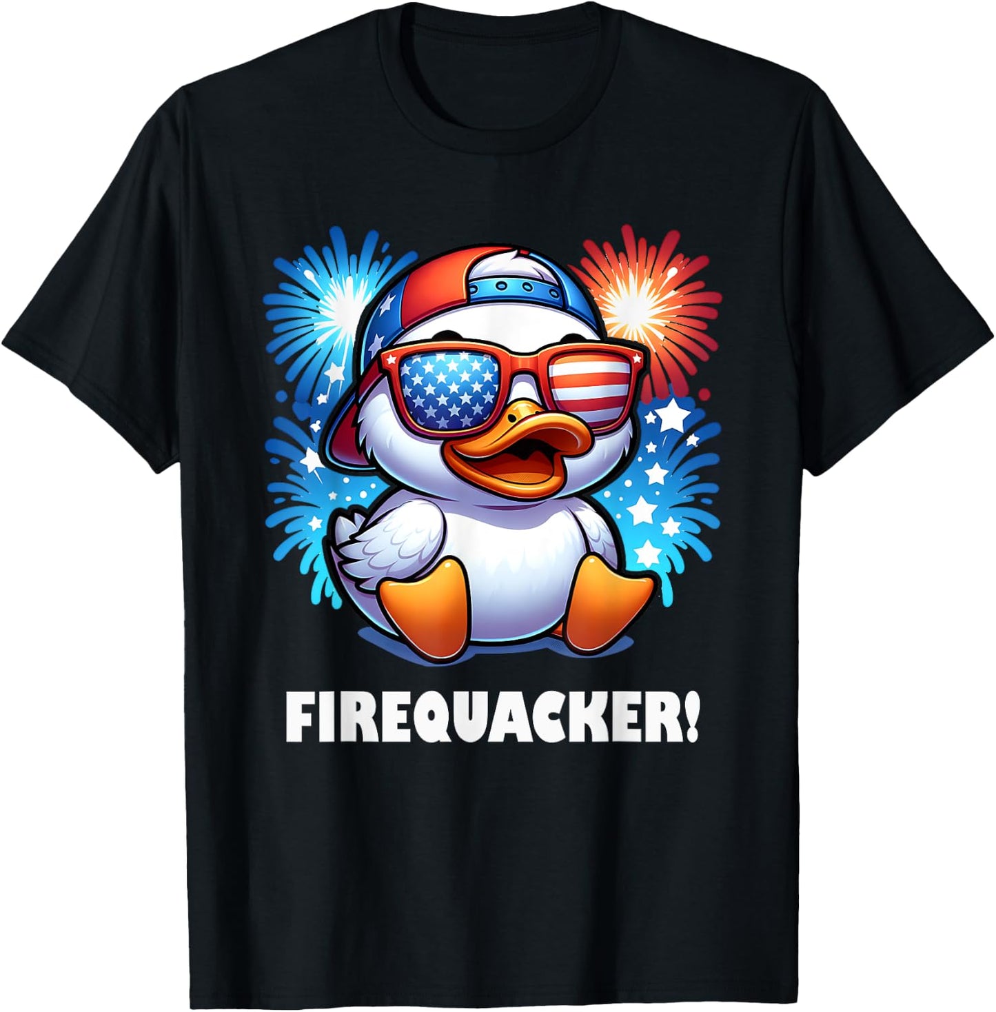 4th of July Firequacker Duck American Flag Fireworks Graphic T-Shirt - T-Shirt | Black