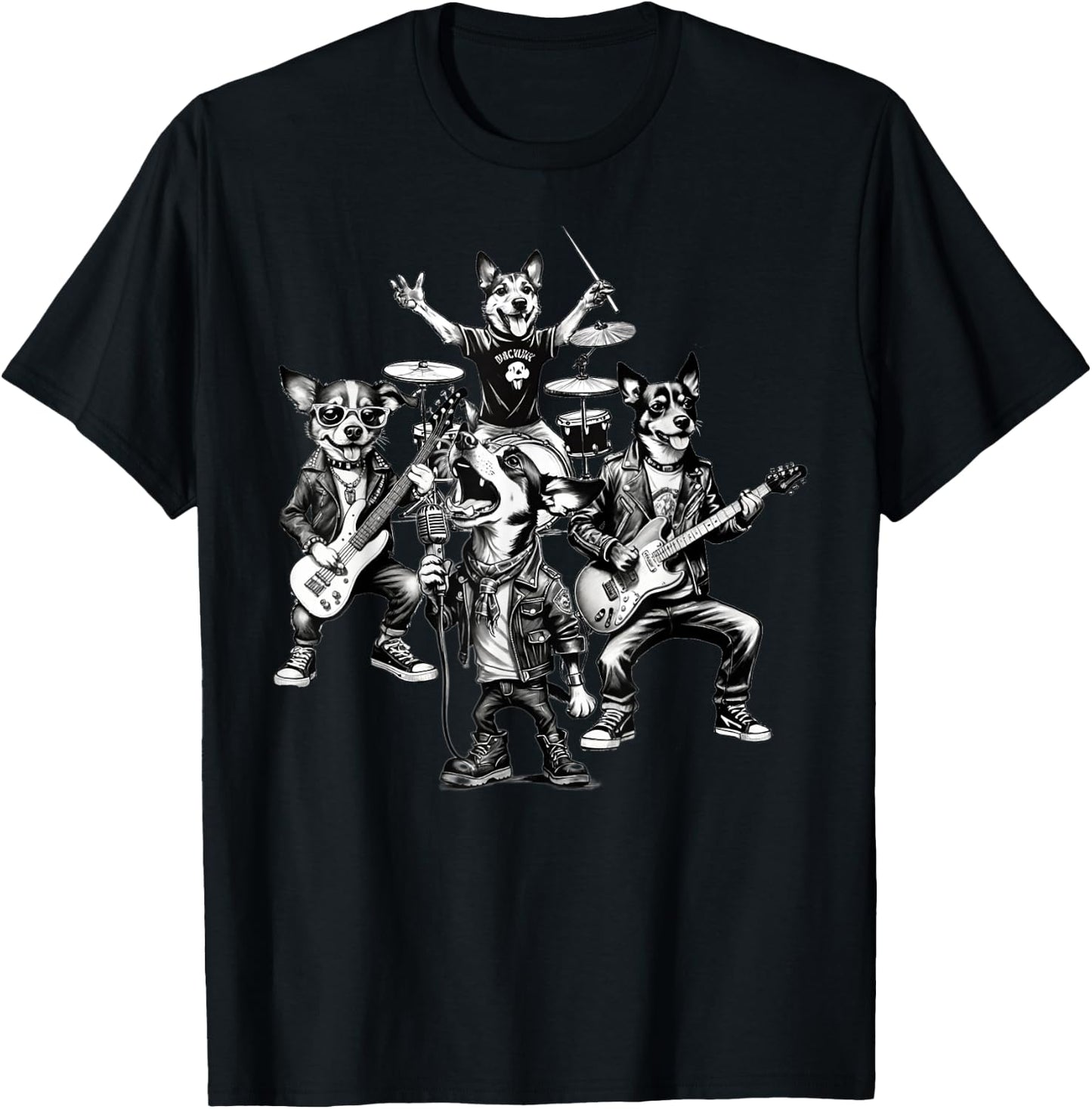 Dogs Rock Band Dogs Playing Guitar Bass Drums Singer Dog Women T-Shirt - T-Shirt | Black
