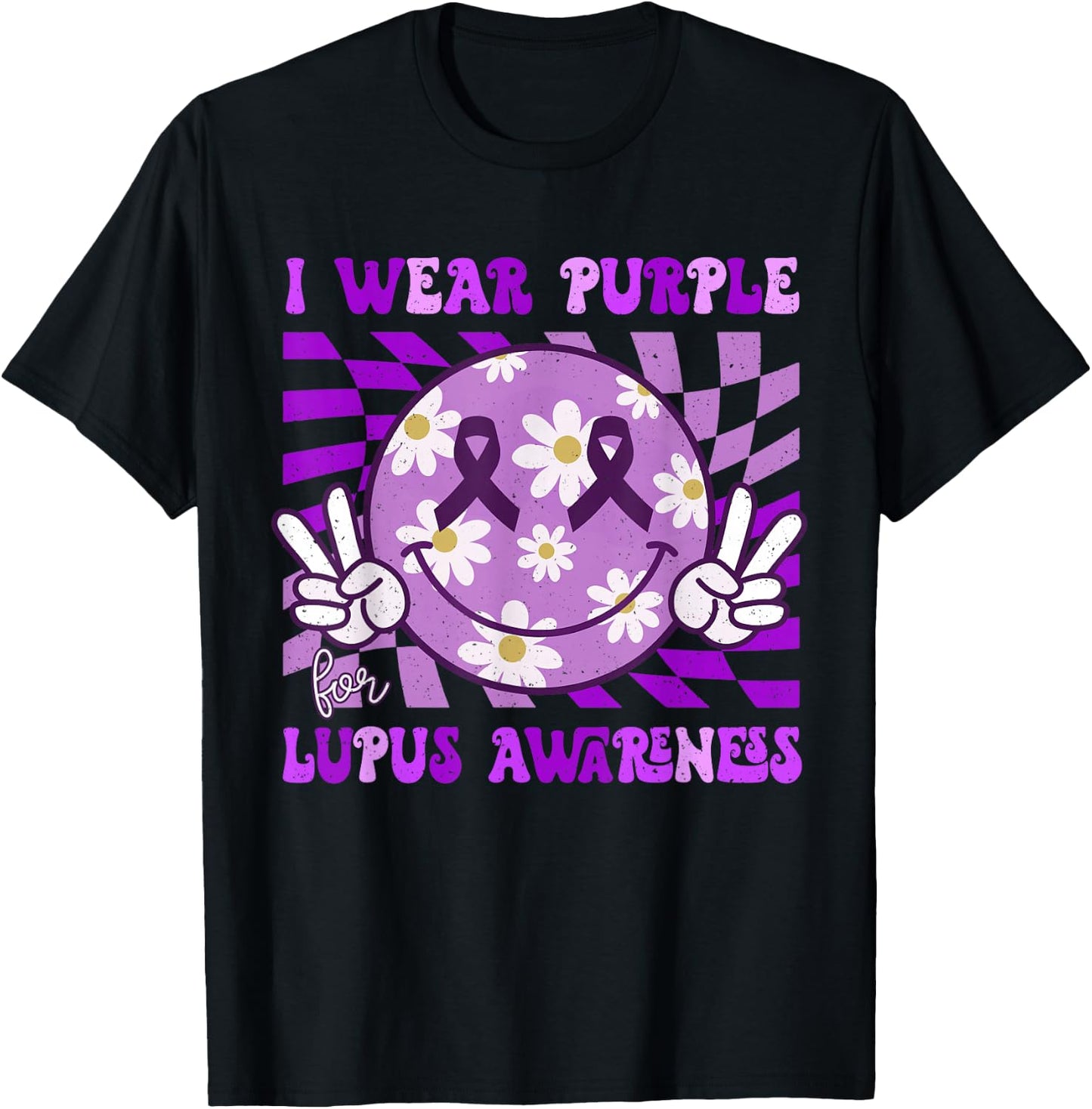 Retro Lupus Awareness Smile Hippie Checkered Purple Ribbon T-Shirt - T-Shirt | Black