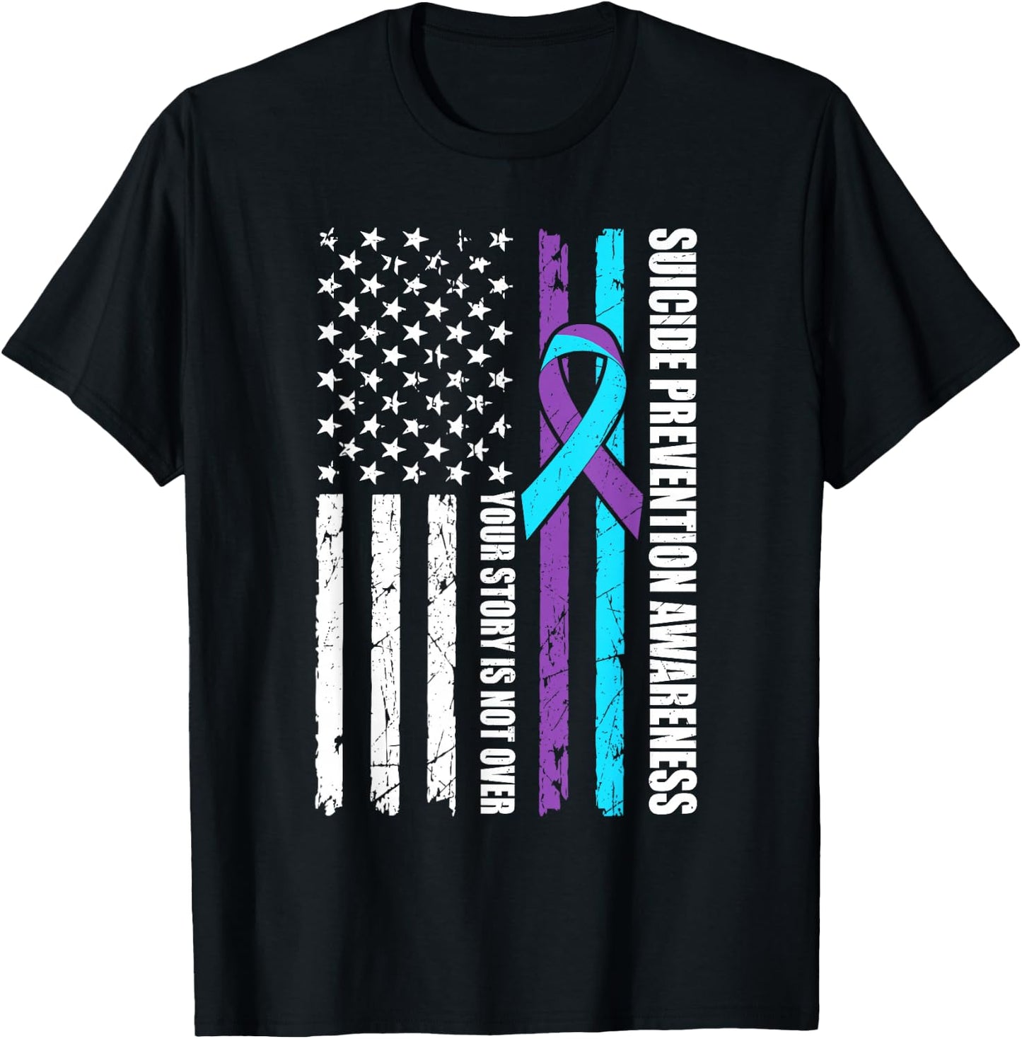Suicide Prevention Awareness Month Flag Teal & Purple Ribbon T-Shirt - T-Shirt | Black