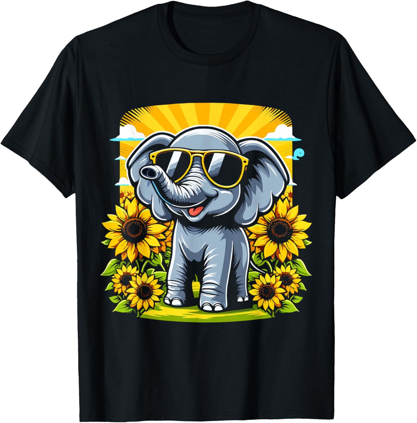 Elephant with Sunglasses and Sunflowers Funny Elephant Lover T-Shirt - T-Shirt | Black