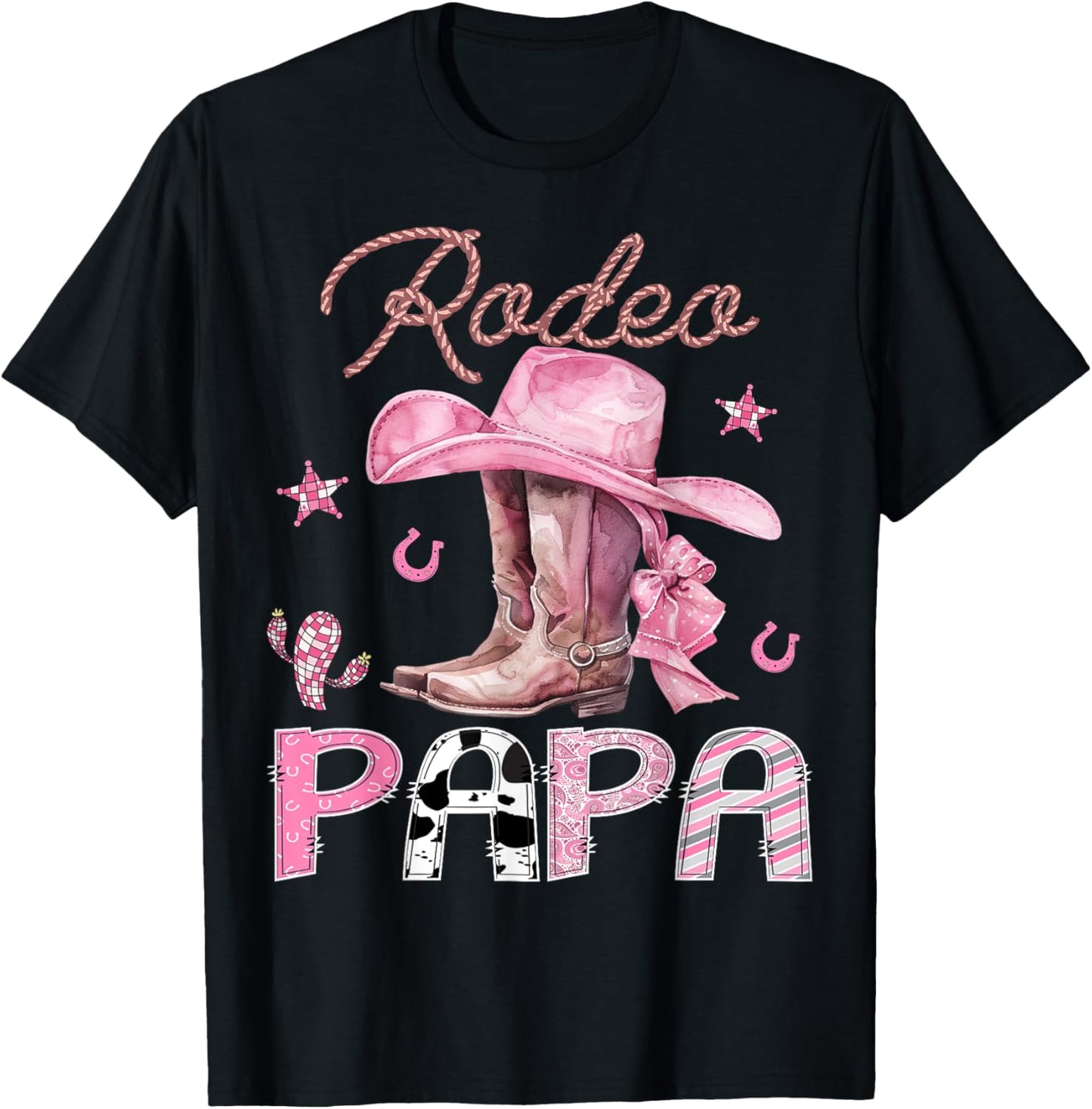 Rodeo Papa Pink Boots Coquette CowGirl Birthday Party T-Shirt - T-Shirt | Black