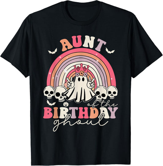Aunt Of The Birthday Ghoul Rainbow Ghost Halloween Bday T-Shirt - T-Shirt | Black