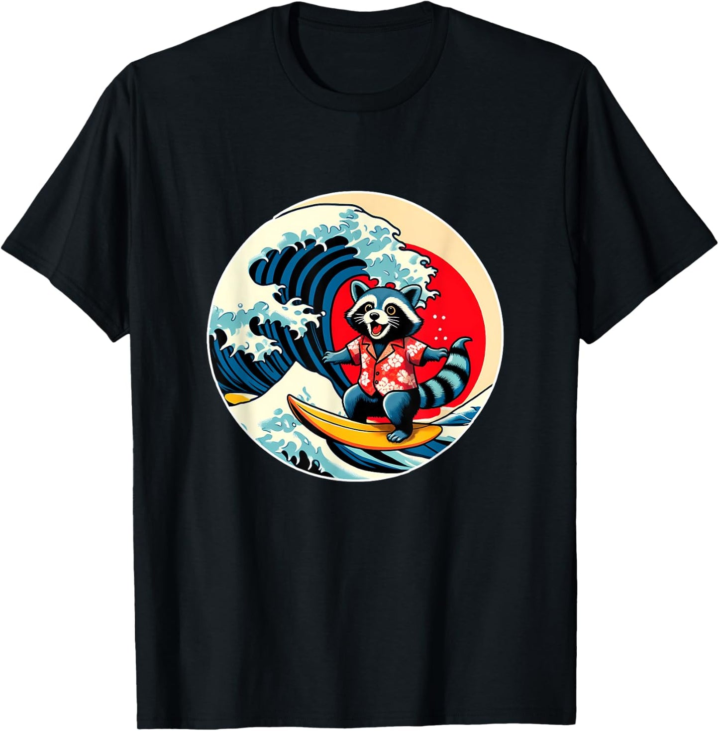 Great Wave Kanagawa Racoon Surfing T-Shirt - T-Shirt | Black
