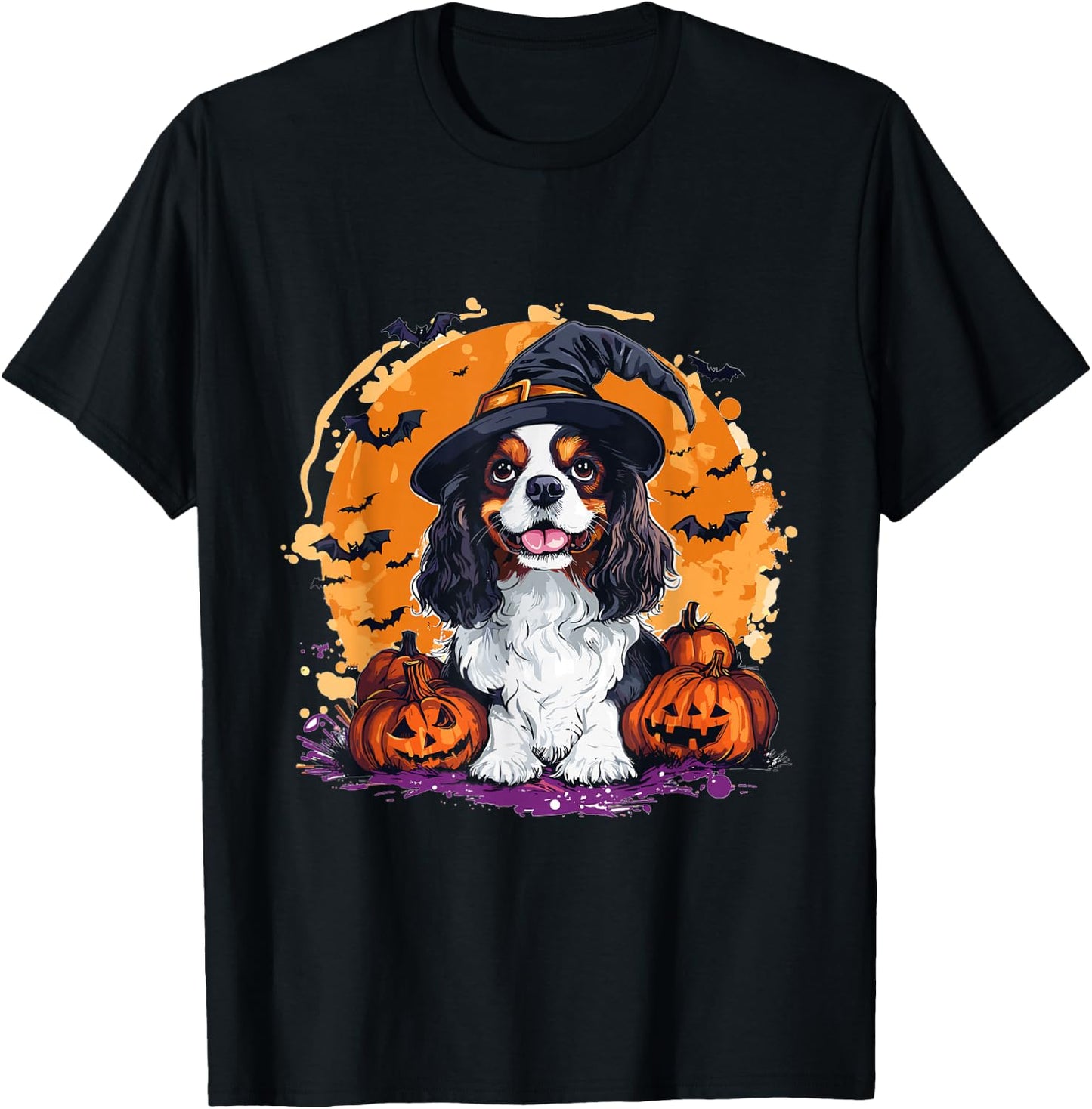 Cavalier King Charles Spaniel Dog Whitch Hat Halloween T-Shirt - T-Shirt | Black