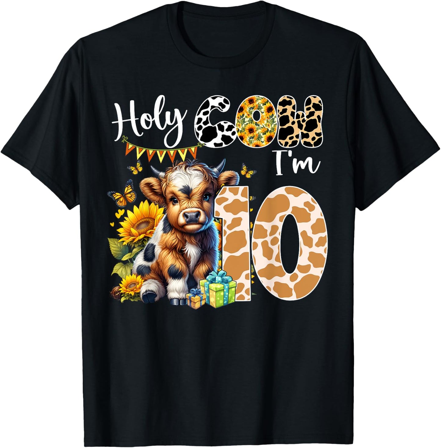 Holy Cow I’m 10 Years Old Dairy Cow Sunflowers 10th Birthday T-Shirt - T-Shirt | Black