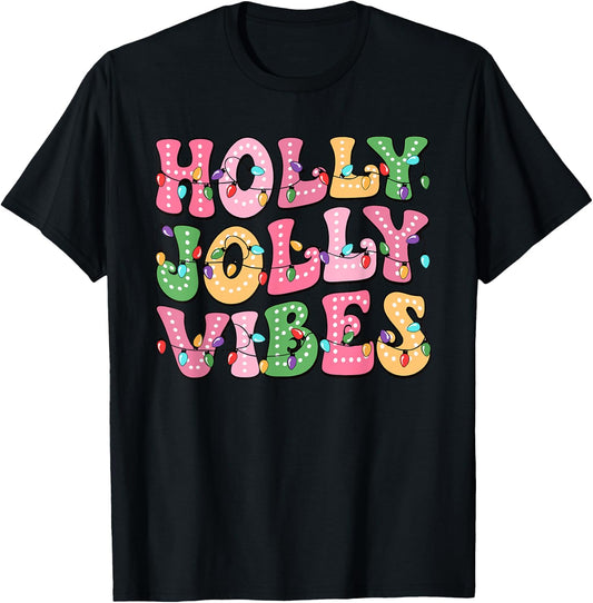 Groovy Holly Xmas Jolly Vibes Pink Christmas Xmas Men Women T-Shirt - T-Shirt | Black