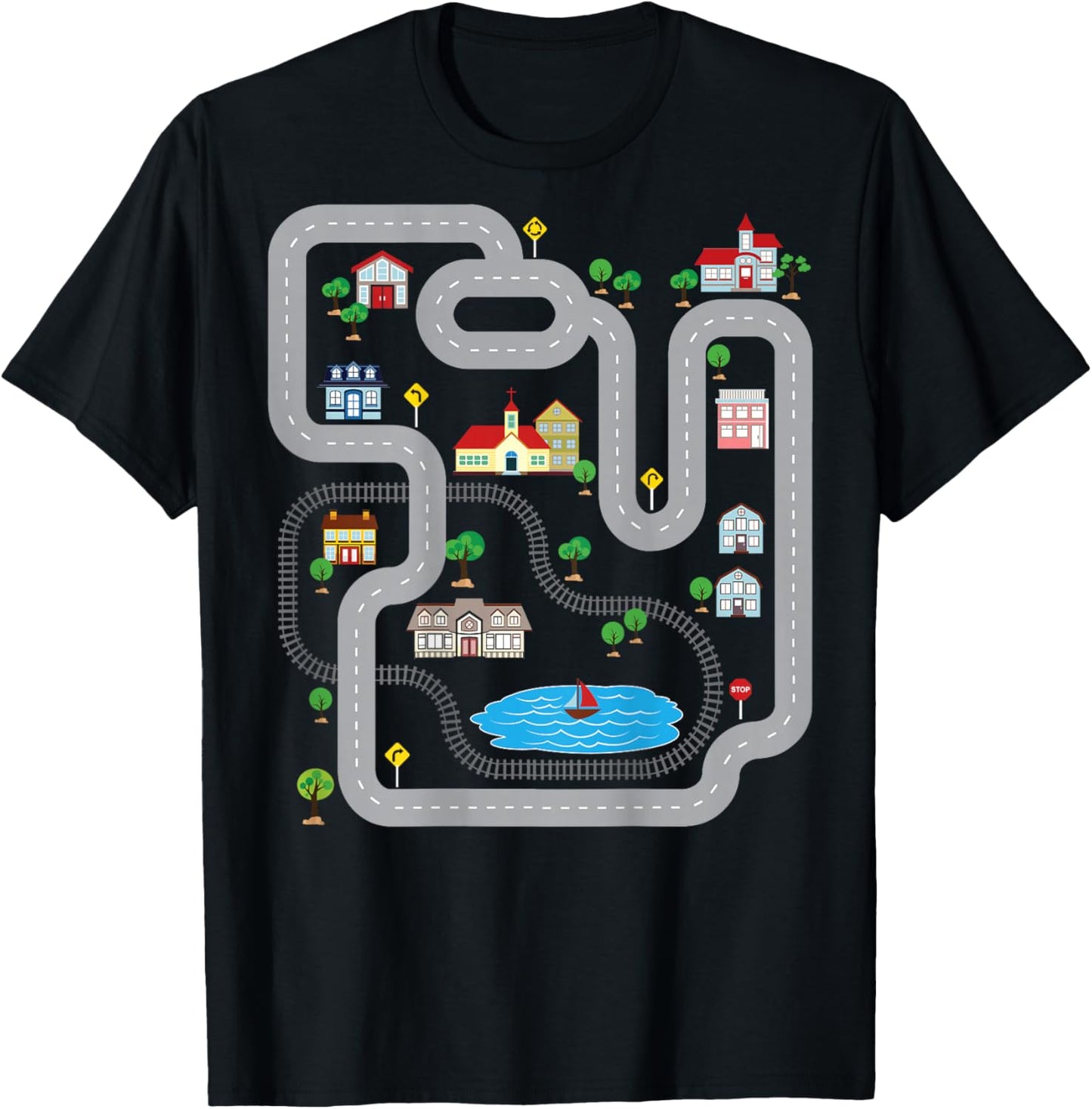 Playmat Train Car Race Track Printed On Back Road T-Shirt - T-Shirt | Black