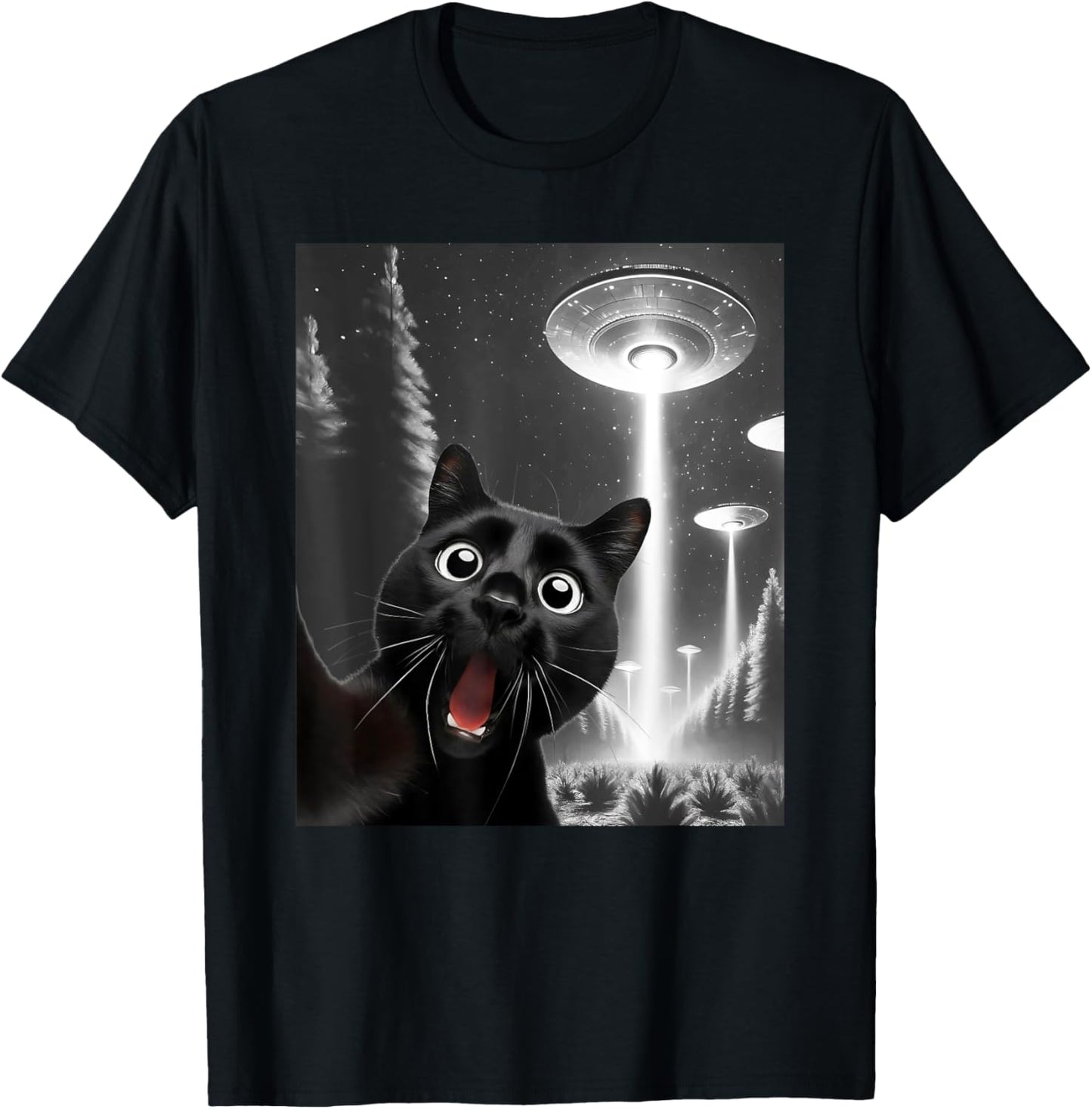 Funny Black Cat Alien UFO Taking a Selfie Cat Mom Dad T-Shirt - T-Shirt | Black