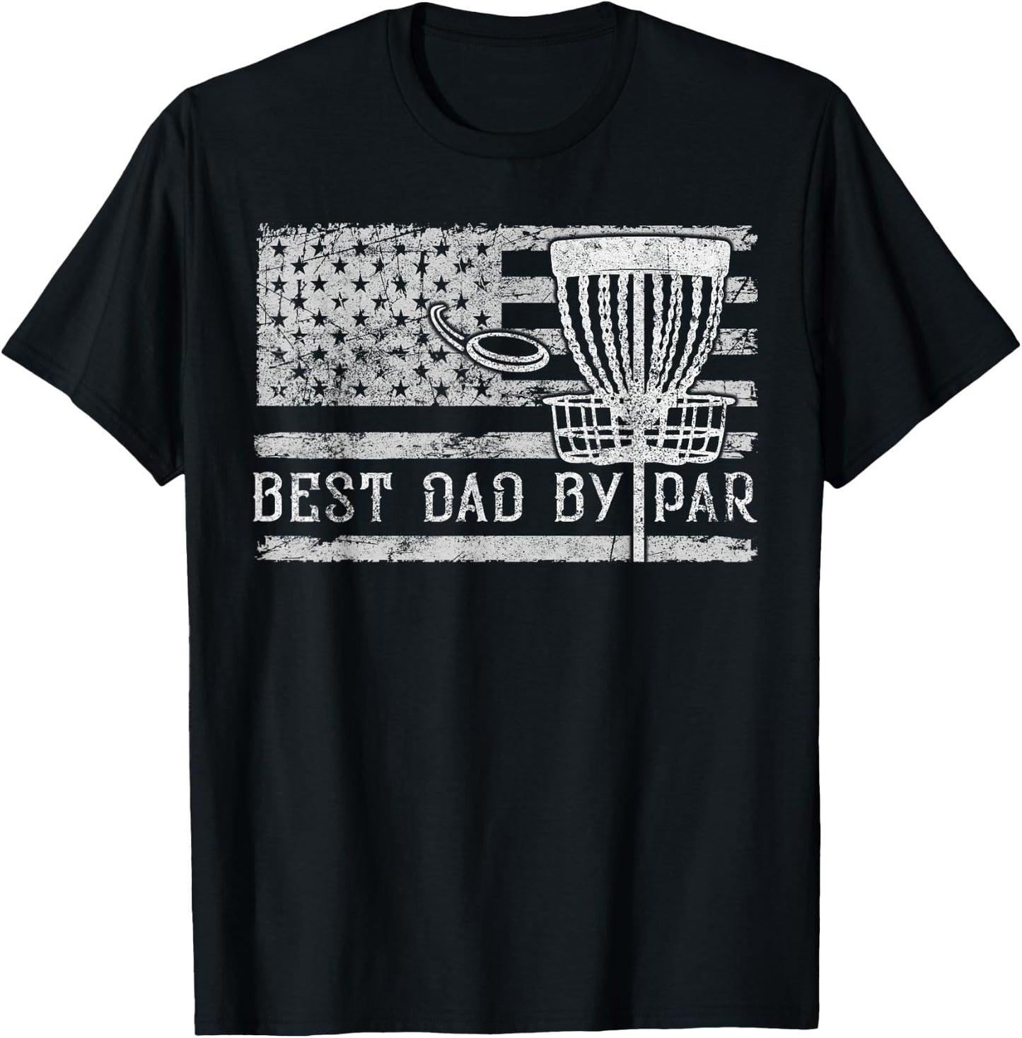 Best Dad By Par Vintage American Flag Disc Golf Father's Day T-Shirt - T-Shirt | Black