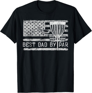 Best Dad By Par Vintage American Flag Disc Golf Father's Day T-Shirt - T-Shirt | Black