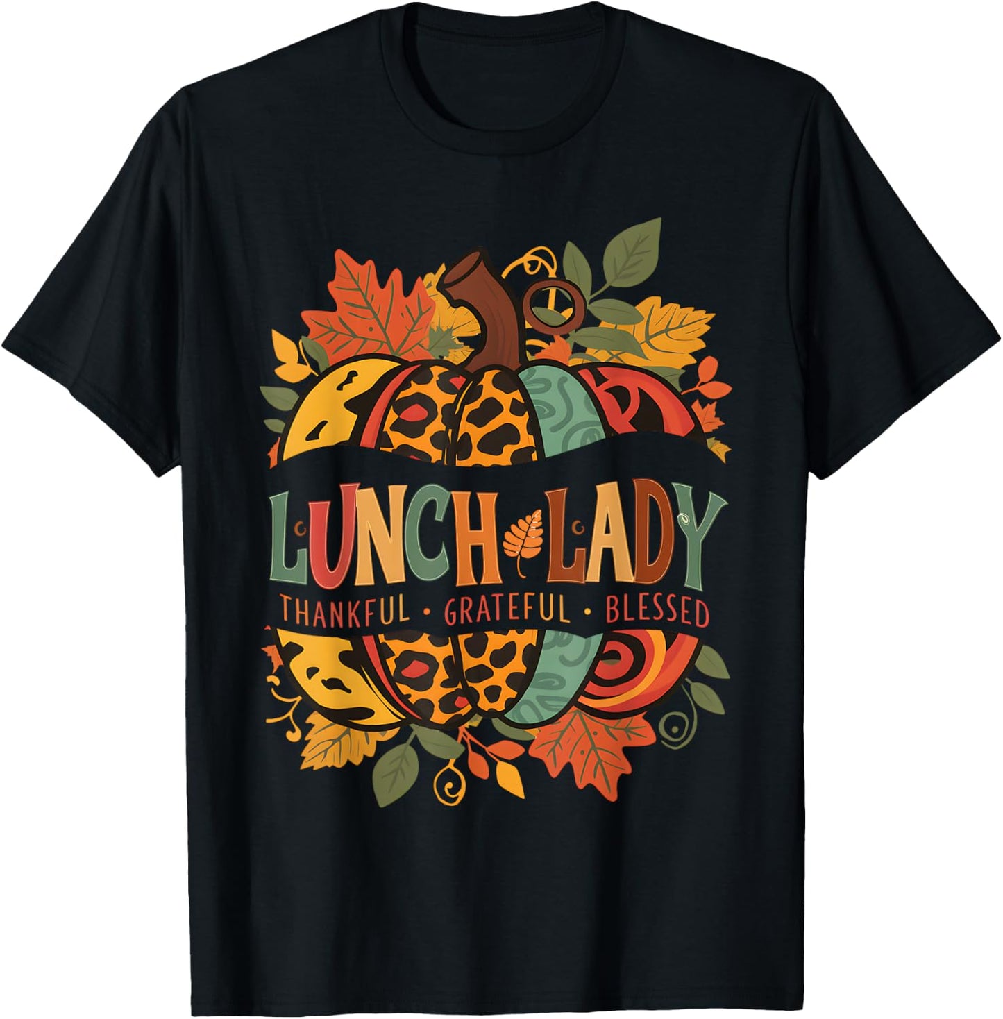 Leopard Pumpkin Fall Autumn Thanksgiving Lunch Lady Women T-Shirt - T-Shirt | Black