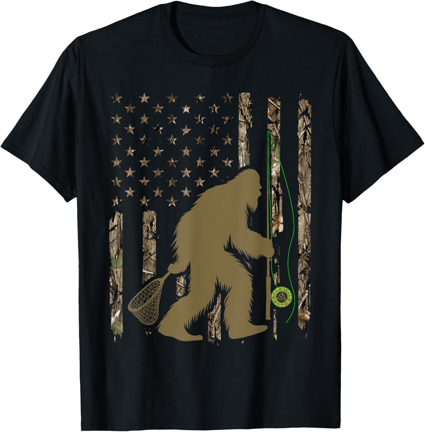 Bigfoot Fly Fishing Sasquatch American Flag Tree Camouflage Men T-Shirt - T-Shirt | Black