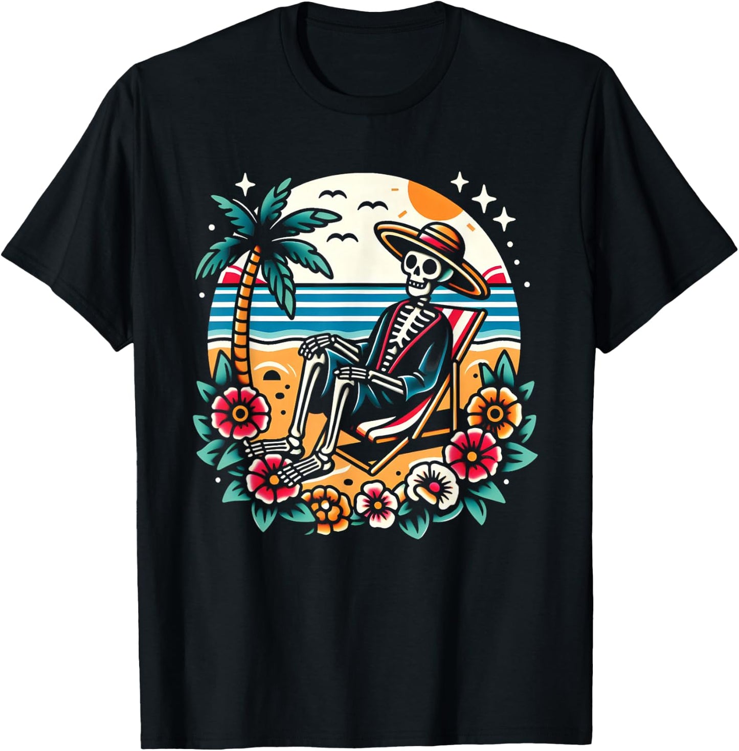 Skeleton On The Beach Traditional Tattoo Artist Inked T-Shirt - T-Shirt | Black