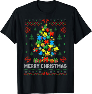 Funny Autism Puzzle Piece Xmas Tree Ugly Christmas Sweater T-Shirt - T-Shirt | Black