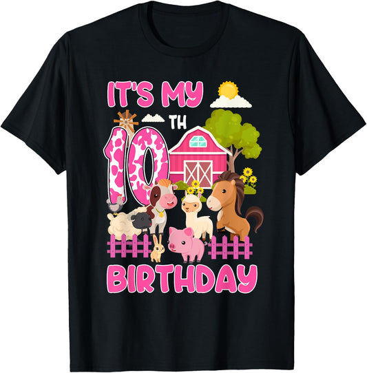 It’s My 10th Birthday Farm Animals 10 Year Old Girl Party T-Shirt - T-Shirt | Black
