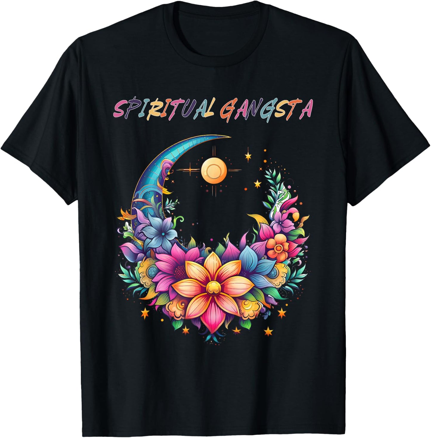 Spiritual Gangsta Floral Moon Yoga Meditation Mandala T-Shirt - T-Shirt | Black