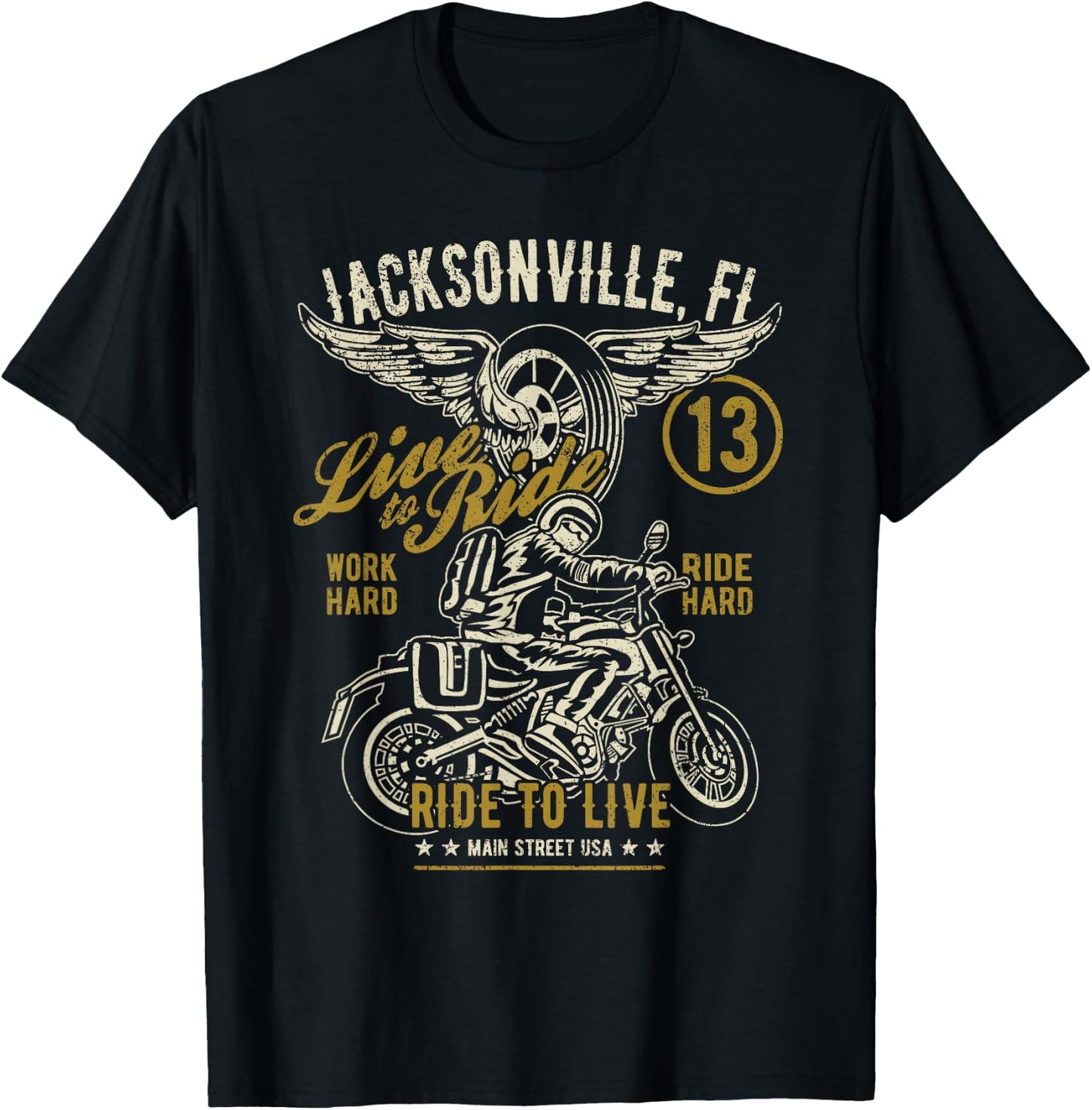 Jacksonville FL USA Distressed Style Motorcycle Design T-Shirt - T-Shirt | Black