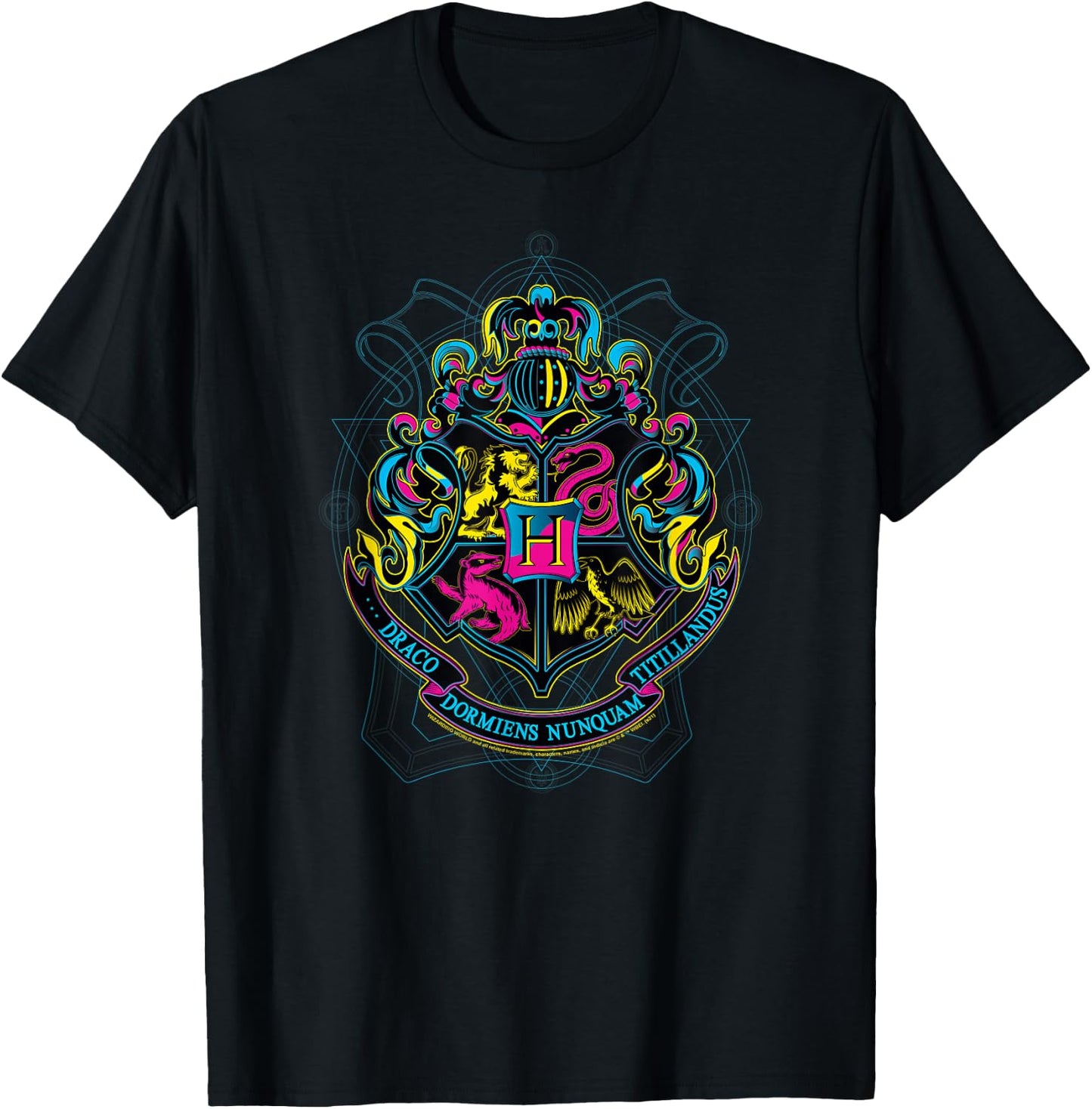 Harry Potter Neon Hogwarts Shield with Motto T-Shirt - T-Shirt | Black