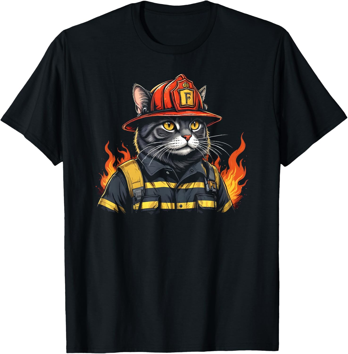 Firefighter Cat Lover Fireman Firefighting Expert T-Shirt - T-Shirt | Black