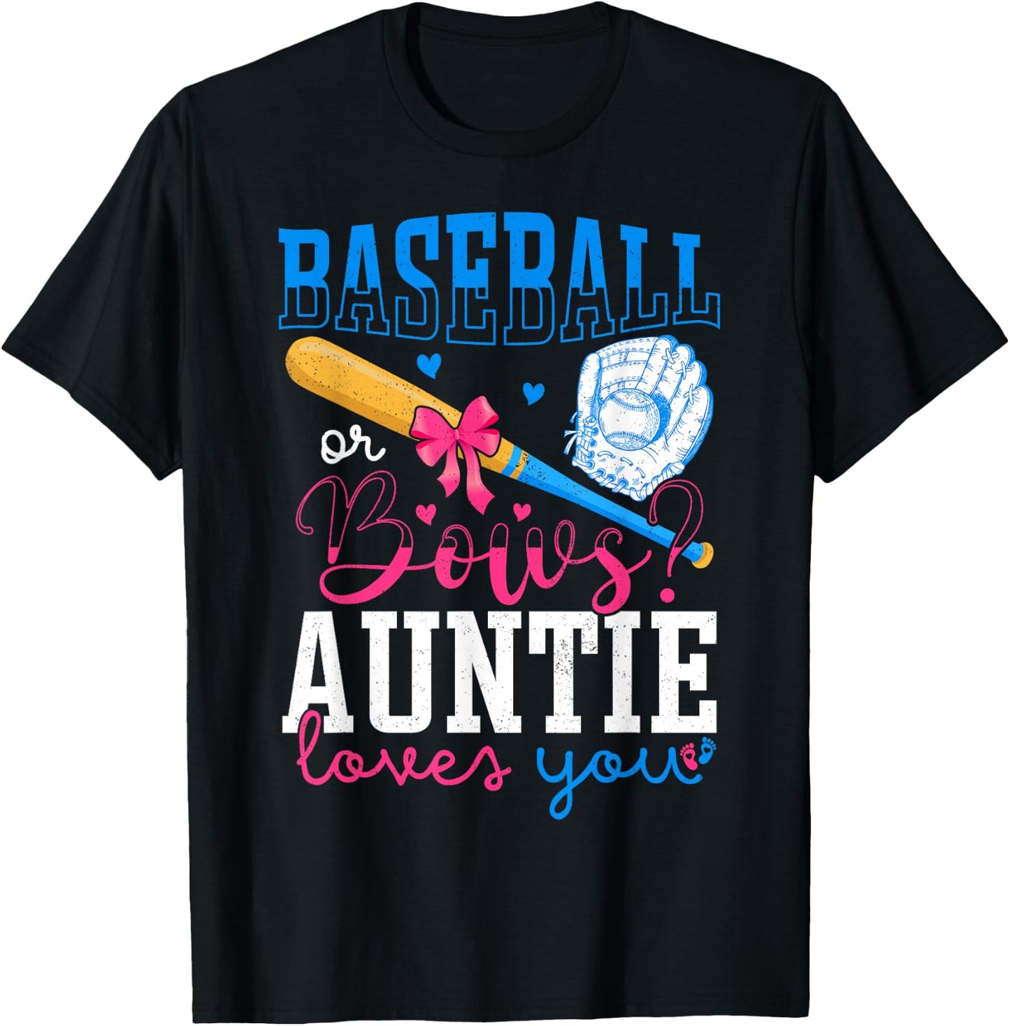 Baseball And Bows Auntie Loves You Gender Reveal Party T-Shirt - T-Shirt | Black