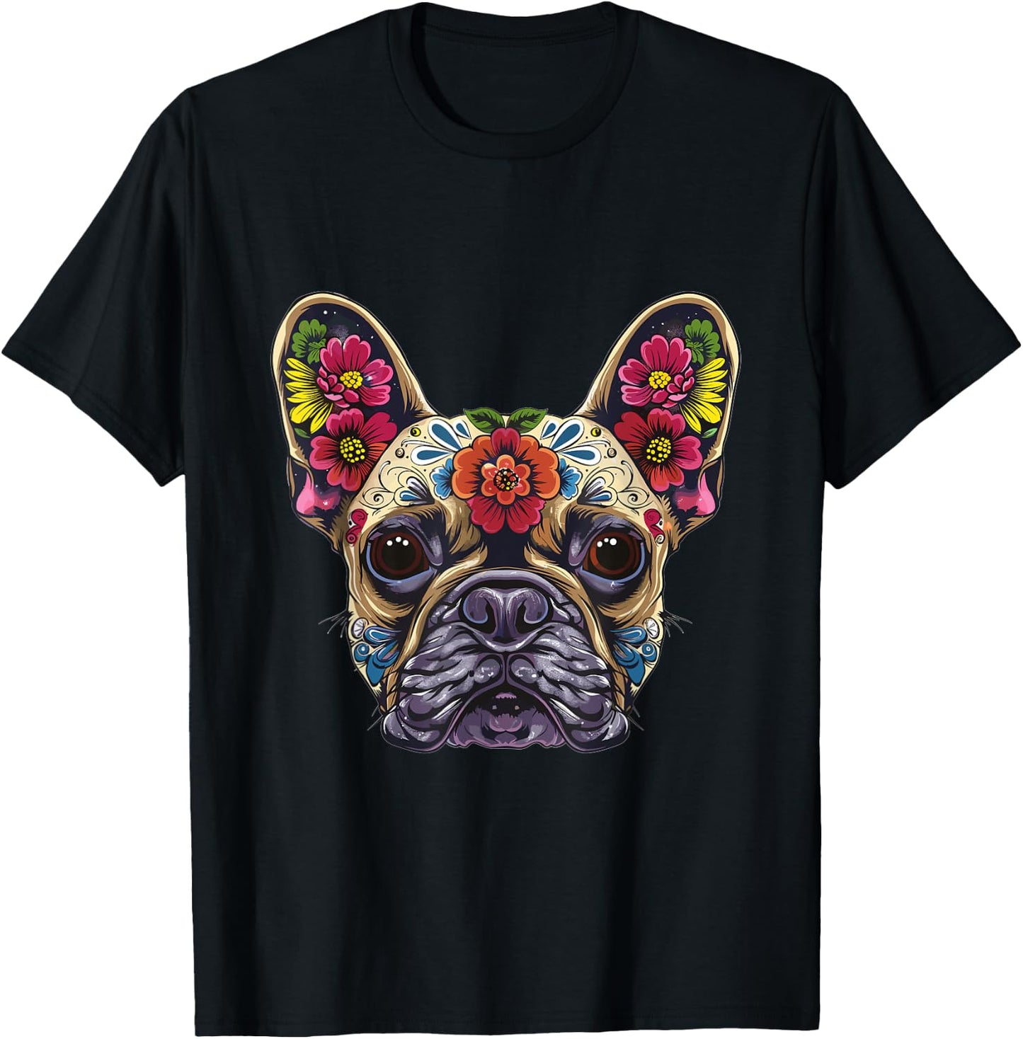 French Bulldog Sugar Skull Dia De Los Muertos Graphic Men Women Kids T-Shirt - T-Shirt | Black