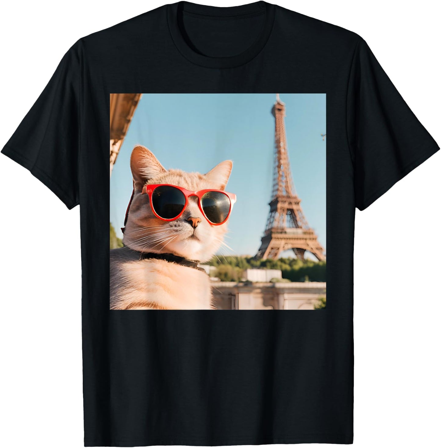 Funny Cat Wearing Sunglasses At The Eiffel Tower in France Women Kids T-Shirt - T-Shirt | Black