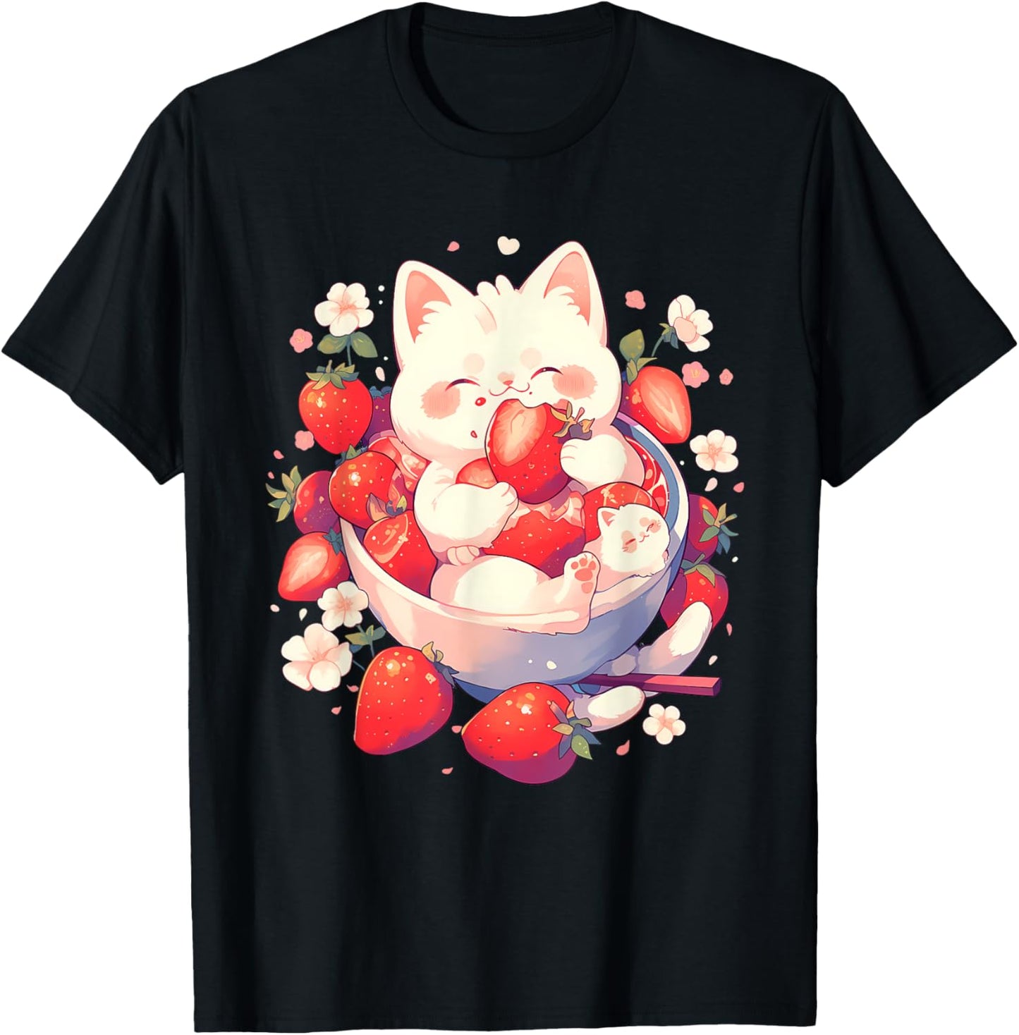 Strawberry Cat Animal Art Strawberries Floral Drawing T-Shirt - T-Shirt | Black