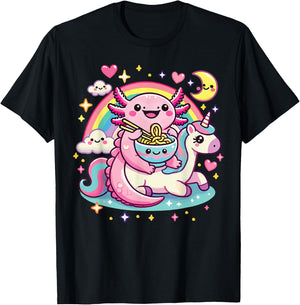 Anime Kawaii Axolotl Eating Ramen Noodles Rainbow Kids Girl T-Shirt - T-Shirt | Black