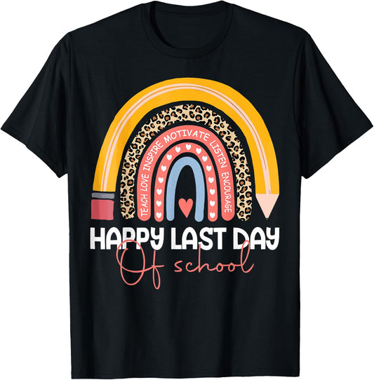 Happy Last Day of School Rainbow Leopard Teacher Student T-Shirt - T-Shirt | Black