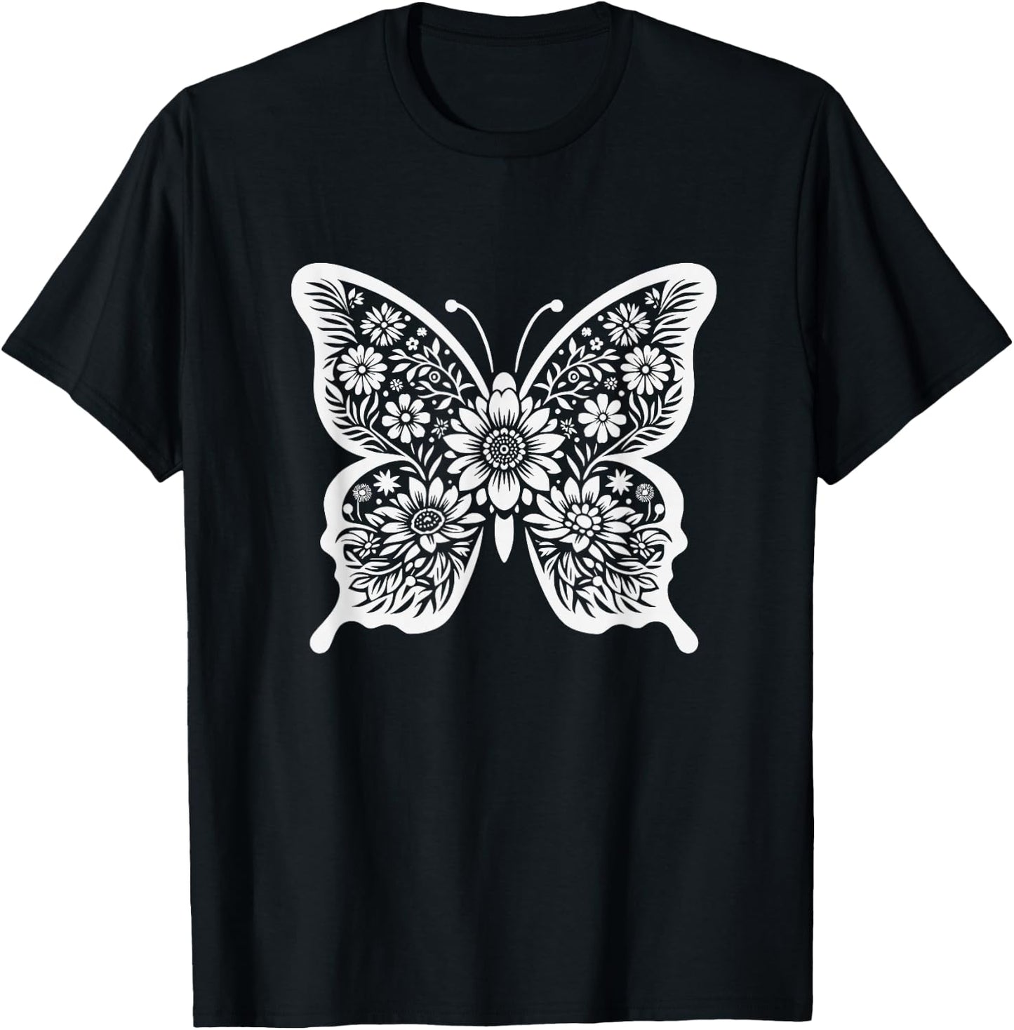 Floral Butterfly Graphic Art Design And Girls T-Shirt - T-Shirt | Black