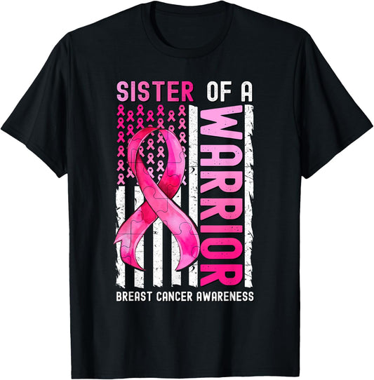 Sister Of A Warrior Breast Cancer USA Flag Awareness Pink Women Kids Men T-Shirt - T-Shirt | Black