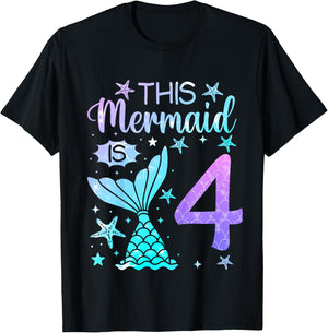 4th Birthday Shirt Girl 4yr Four 4 Year Old Mermaid Bday T-Shirt - T-Shirt | Black