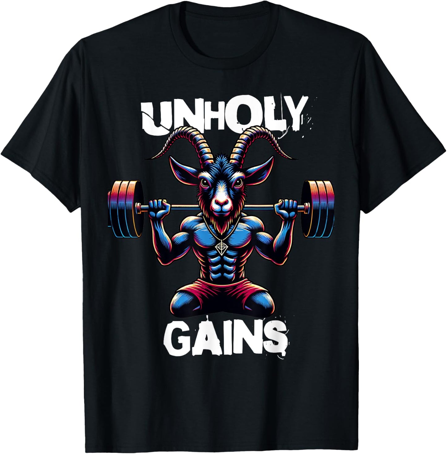 Unholy Gains Satanic Workout Devil Worship Goat Baphomet Gym T-Shirt - T-Shirt | Black