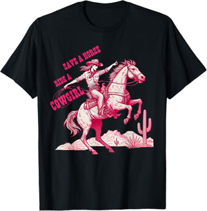Save A Horse Ride A Cowgirl Pink Cowgirl Western Rodeo Retro T-Shirt - T-Shirt | Black