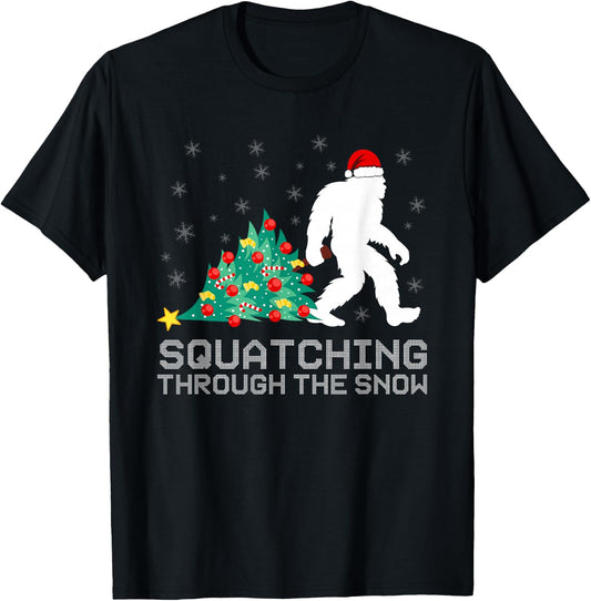 Squatching Through The Snow - Bigfoot Christmas Sasquatch T-Shirt - T-Shirt | Black