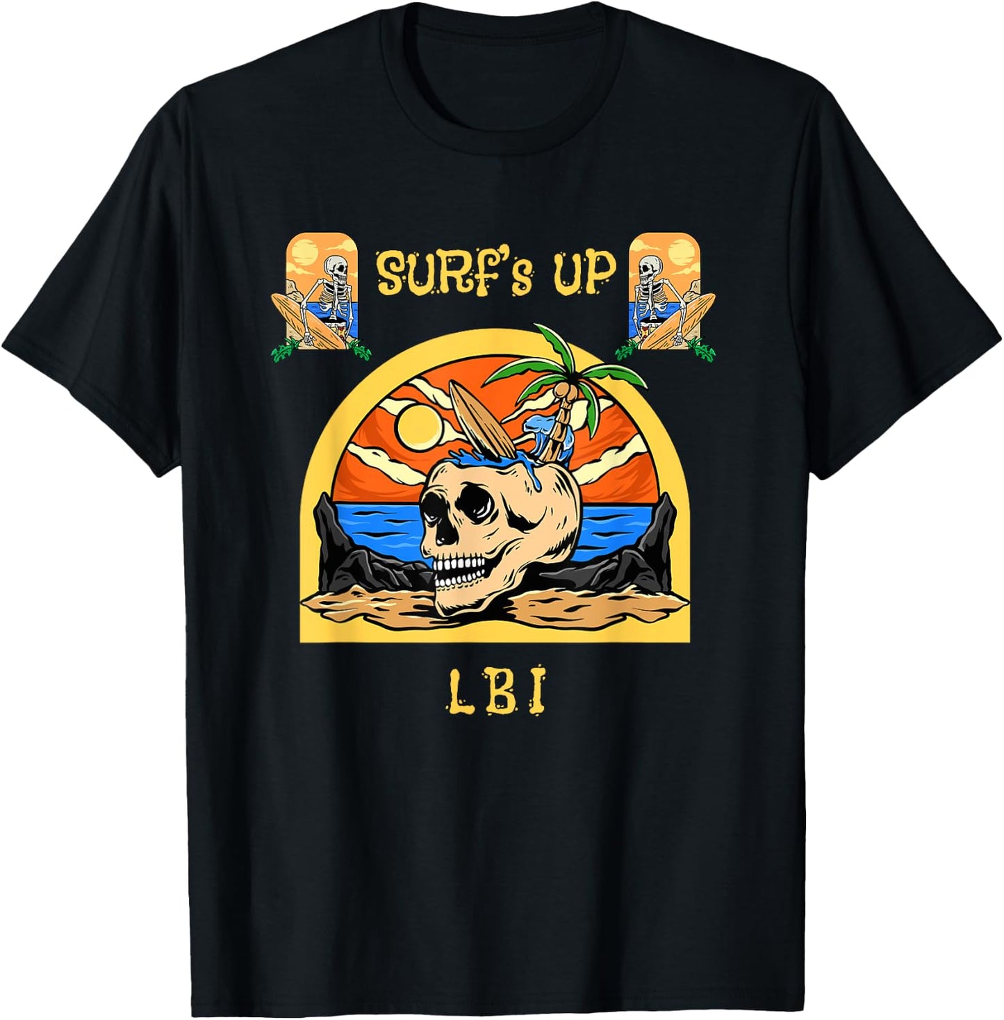Surf's Up LBI Funny Vintage Surfing Beach Skeleton T-Shirt - T-Shirt | Black