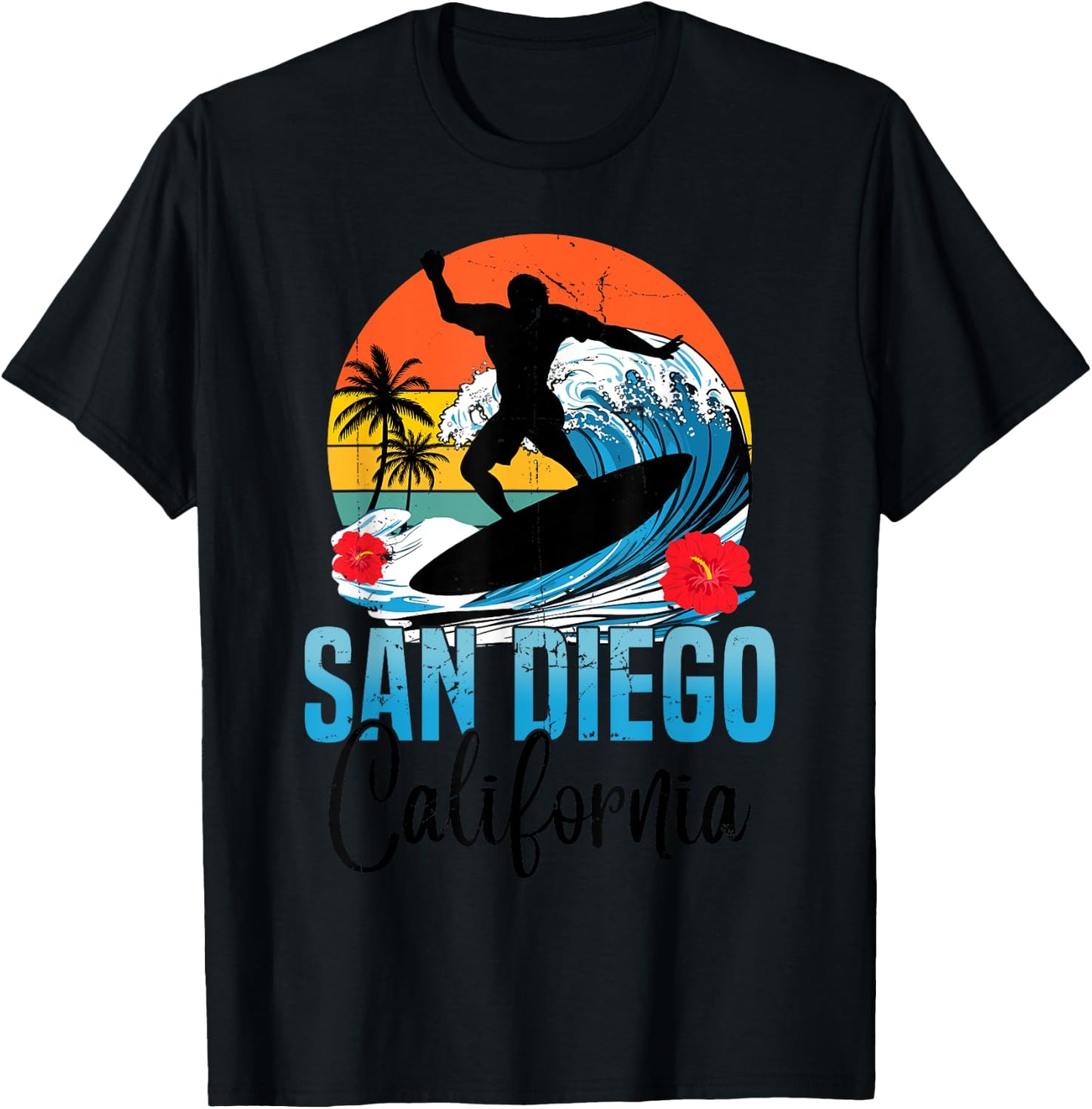 Retro San Diego California Beach Vibes Summer Break Vacation T-Shirt - T-Shirt | Black