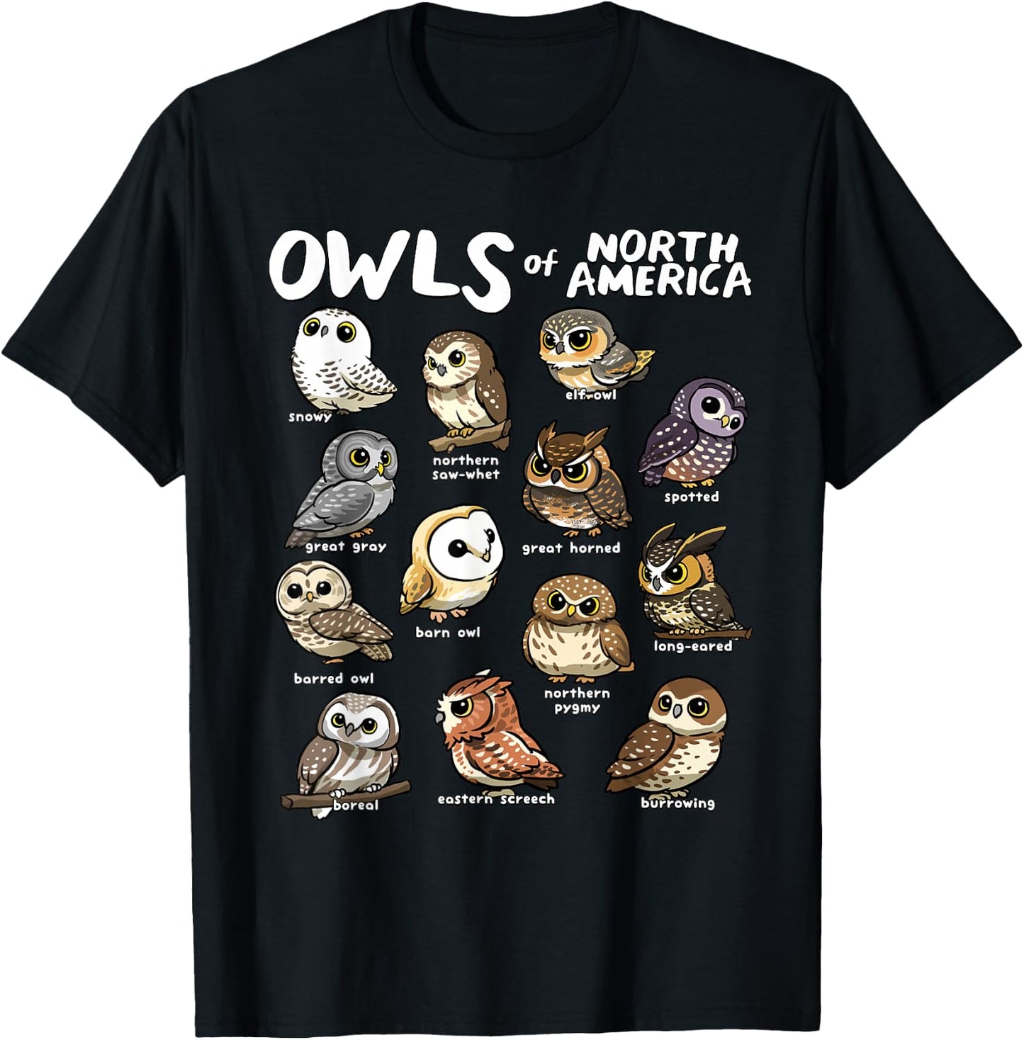 Owls of North America Shirt Birdwatcher Bird Lover Owl Lover T-Shirt - T-Shirt | Black