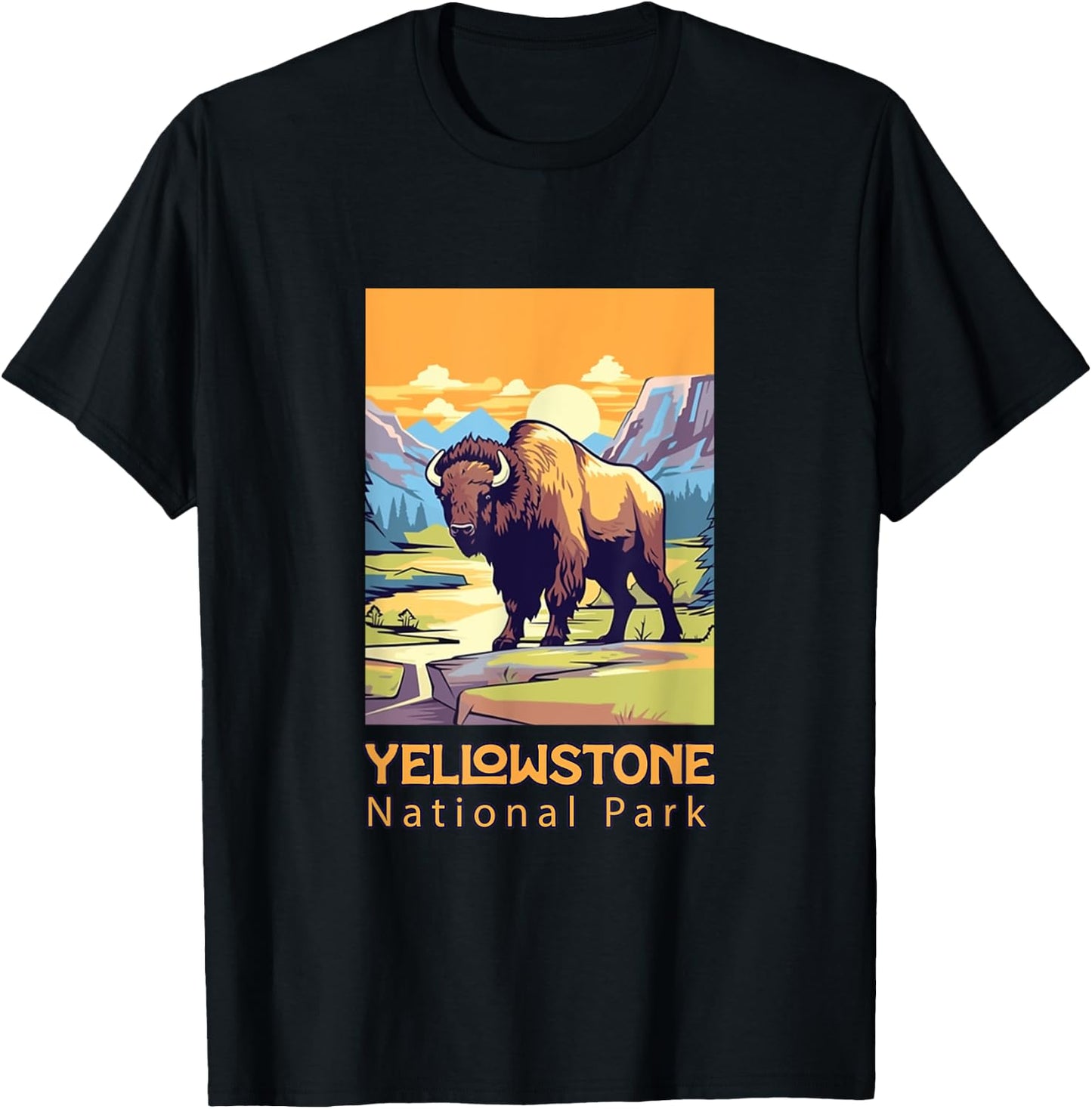 Yellowstone National Park Bison Large Cartoon Graphic T-Shirt - T-Shirt | Black