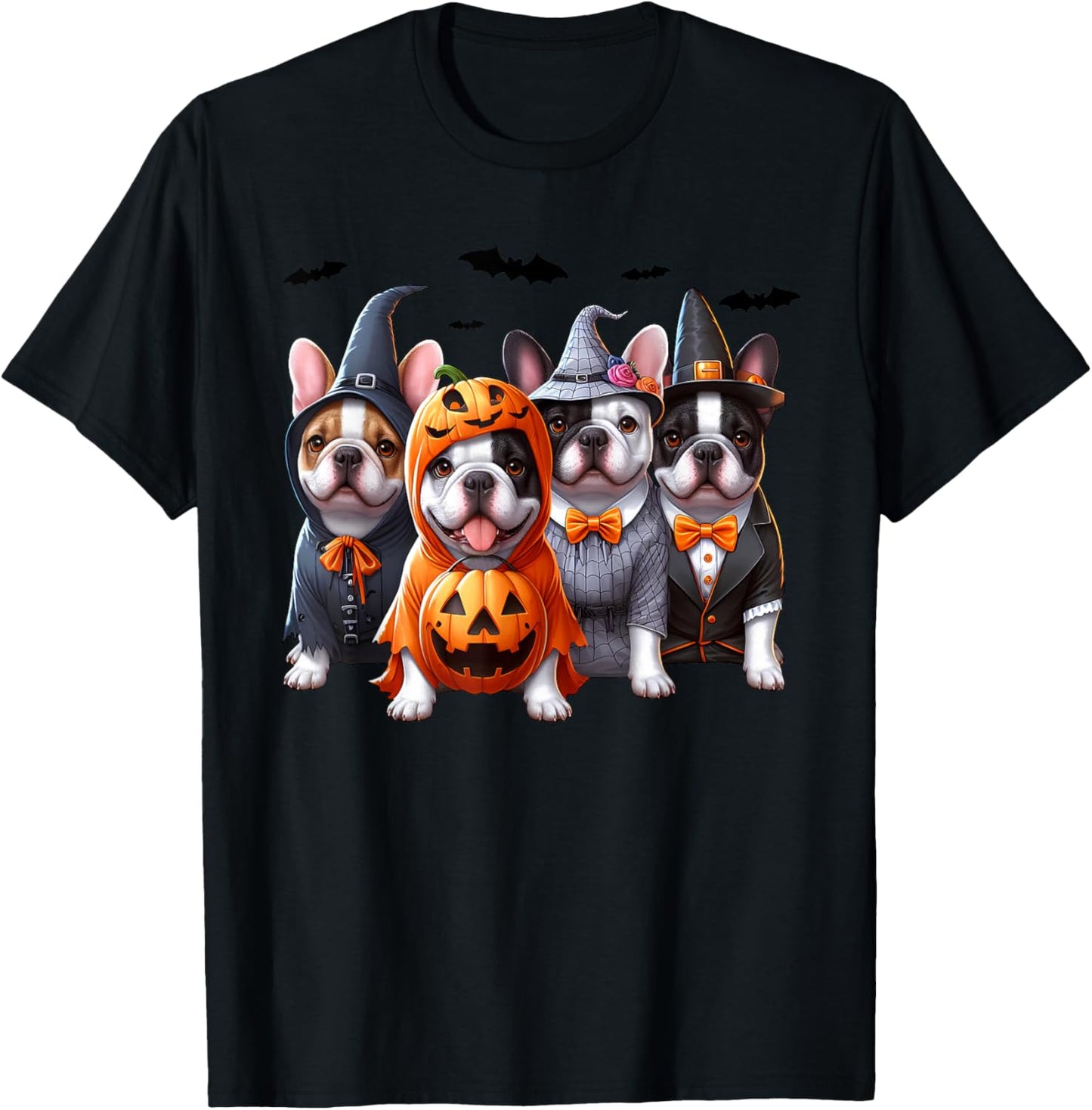 Frenchie Ghost And Witch Dog, French Bulldog Halloween Boo Men Women Kids T-Shirt - T-Shirt | Black