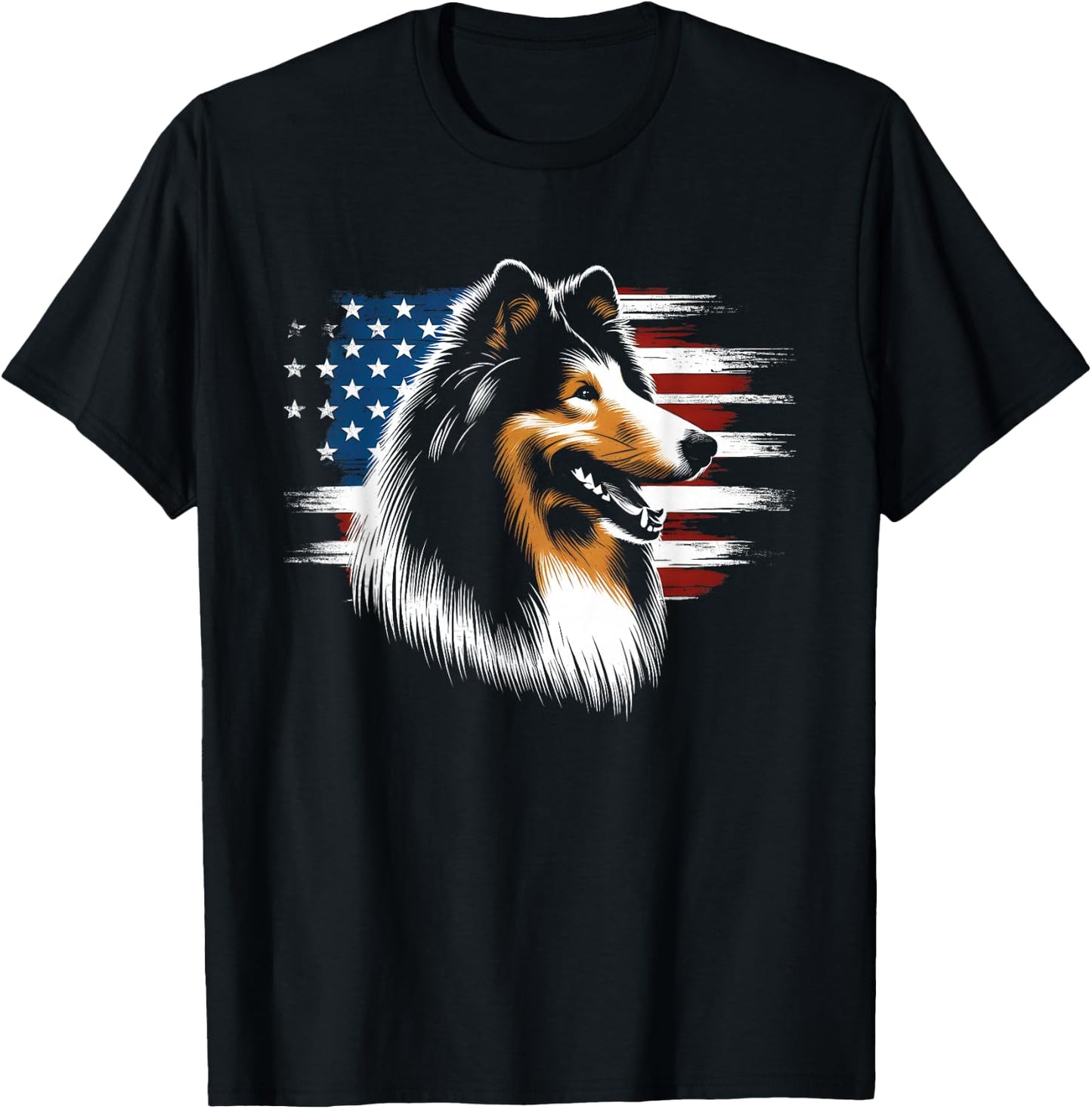 Rough Collie American Flag - Patriotic Collie Dog Lover T-Shirt - T-Shirt | Black