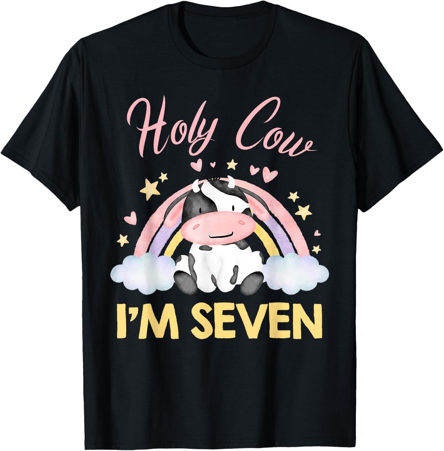 Holy Cow I'm Seven Rainbow Cow 7 Year Old 7th Birthday Girl T-Shirt - T-Shirt | Black
