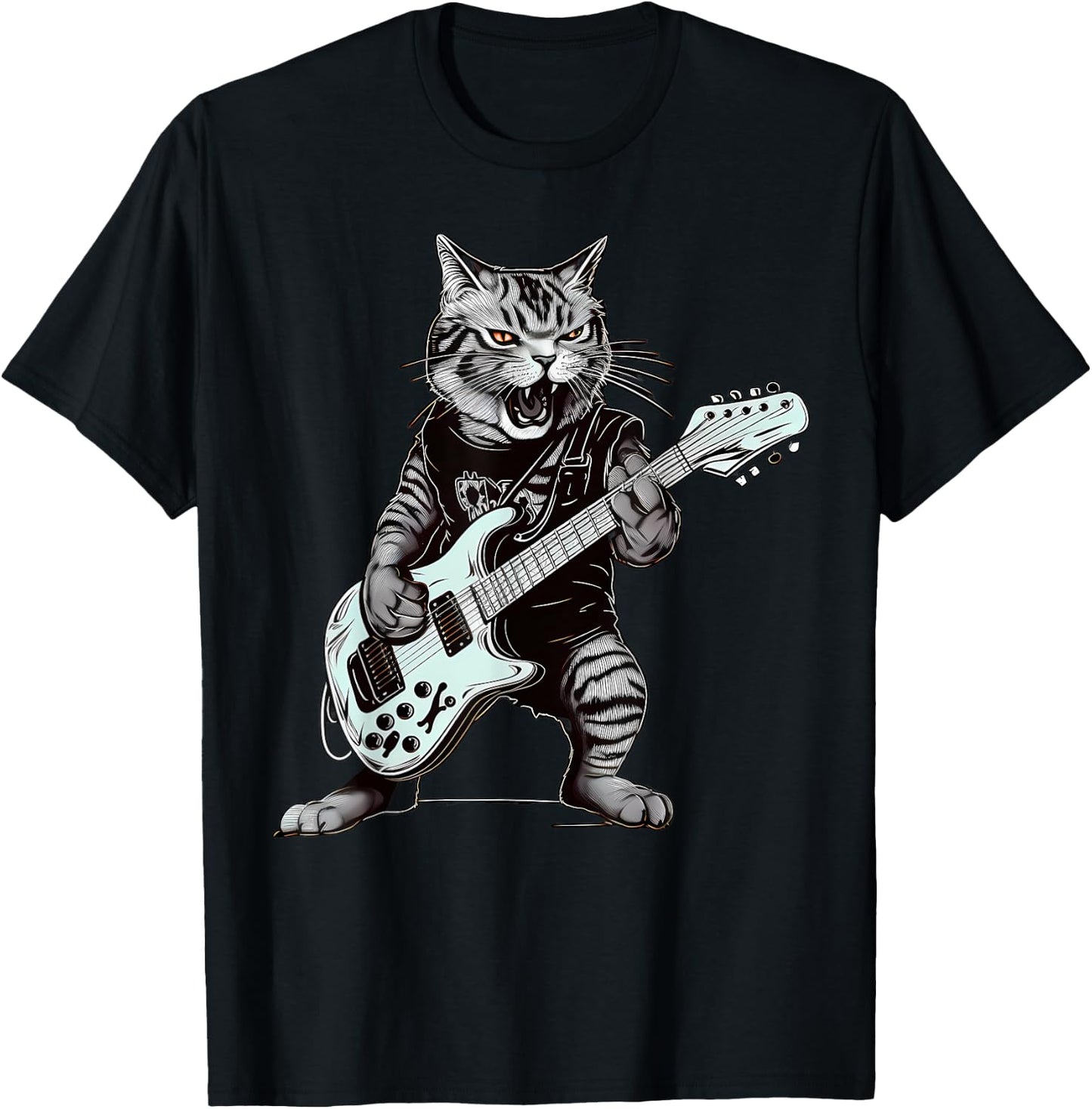 Cat Guitar T Shirt Cat Playing Guitar Heavy Metal Cat T-Shirt - T-Shirt | Black
