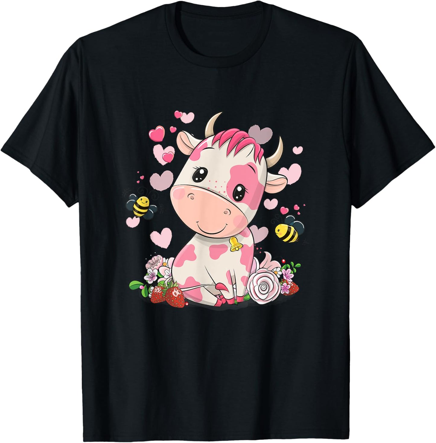 Strawberry Cow, Cute Cow, Pink Cow Pet T-Shirt - T-Shirt | Black